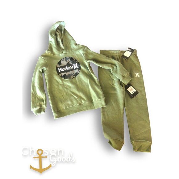 Boys HURLEY Sweatshirt & Pants Outfit Size 7 Green + Black Camo Hurley World NWT